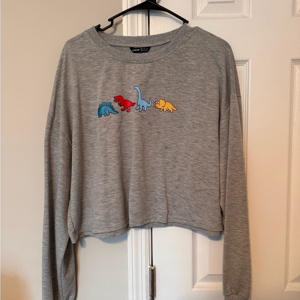 Gray Dinosaur Cropped Sweatshirt